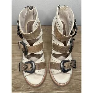 Freebird Violet Studded Buckle Leather Strappy Sandals Beige Women's Size 9